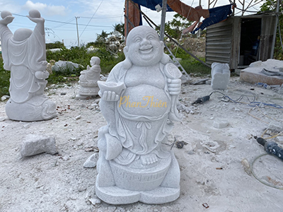 Tượng Phật Di Lặc đứng trên Thỏi Vàng bằng Đá Trắng (DL-13)