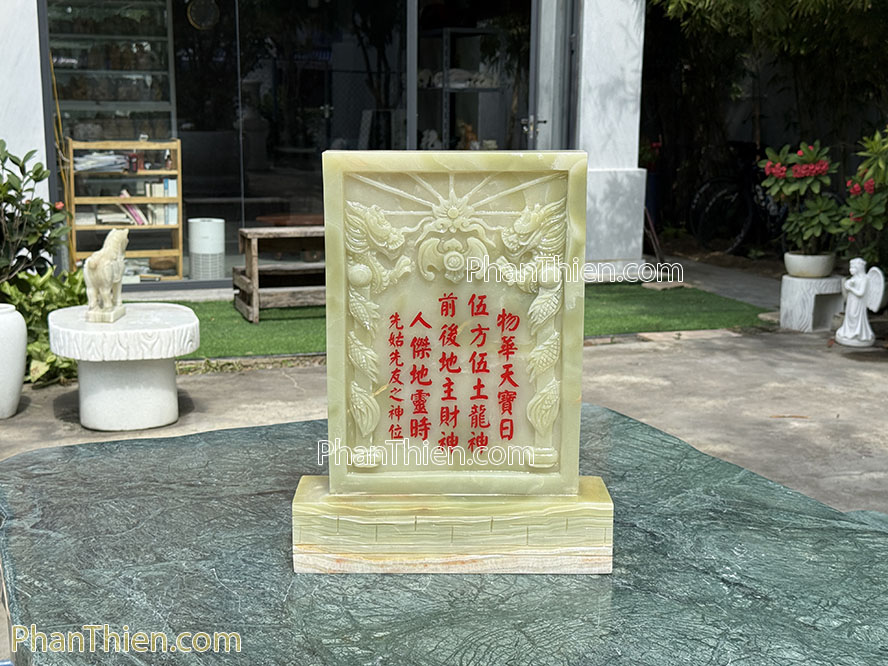 Bài vị Thần Tài Ông Địa bằng đá onyx xanh - TD-23