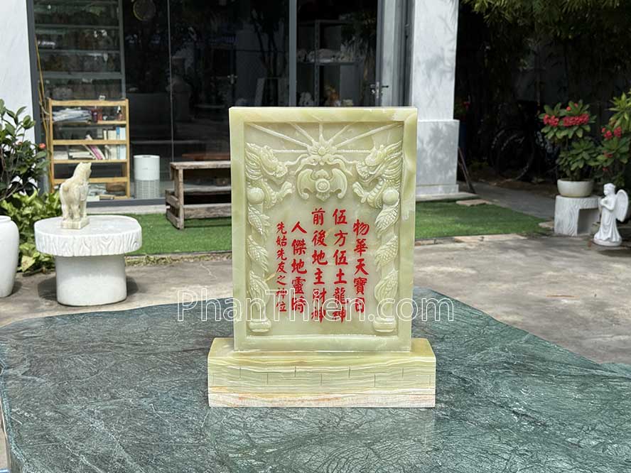 Bài vị Thần Tài Ông Địa bằng đá onyx xanh - TD-23