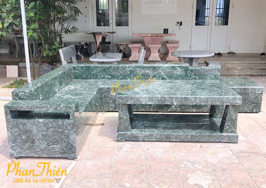 Bàn ghế đá xanh Ấn Độ tự nhiên mẫu dài (BAN-29)
