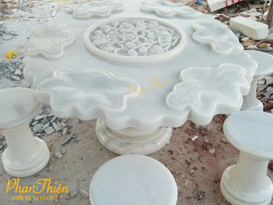 Bộ Bàn Ghế chạm Lá Sen Đá Cẩm Thạch Trắng (BAN-03)
