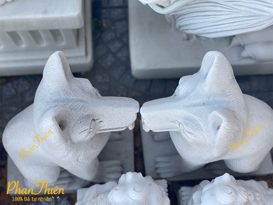 Cặp Tượng Chó Bằng Đá Trắng Tự Nhiên (C-01)