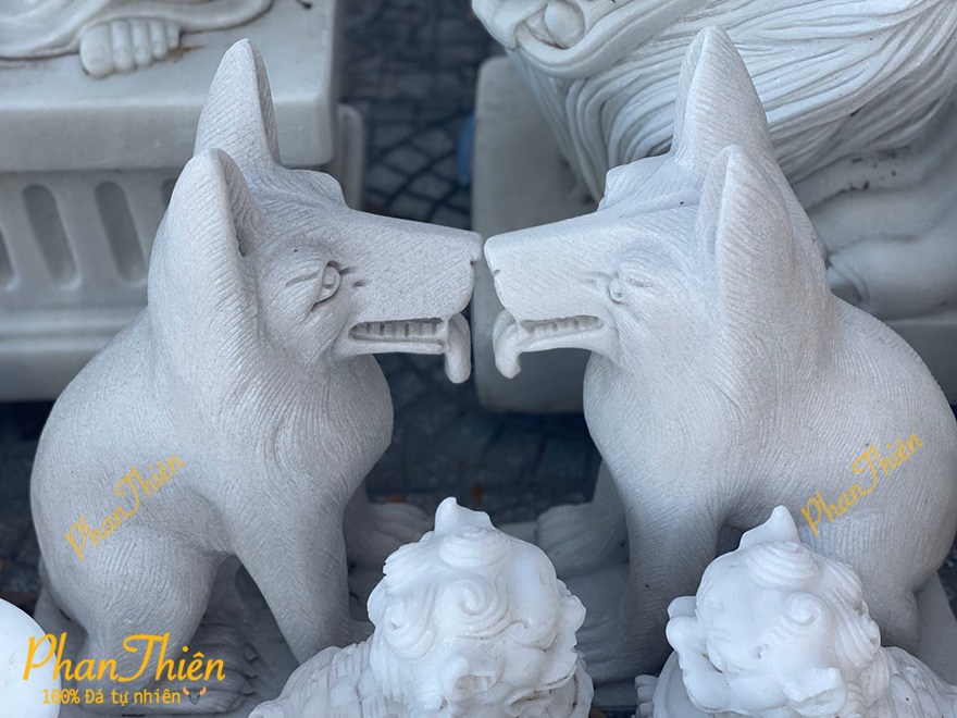 Cặp Tượng Chó Bằng Đá Trắng Tự Nhiên (C-01)