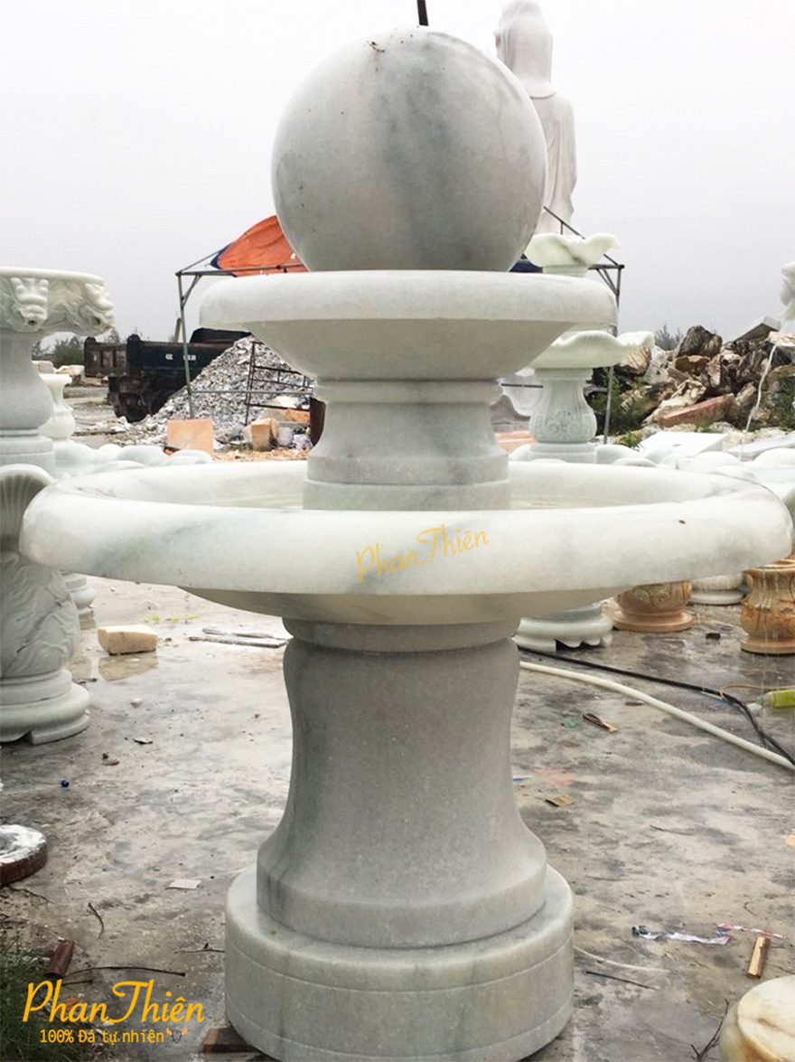 Đài Phun Nước Quả Bi Xoay Tự Nhiên Đá Cẩm Thạch Trắng Xanh (DAI-11)