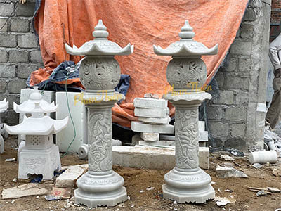 Đèn Đá Tự Nhiên Chạm Rồng Đá Trắng Xám (DEN-52)