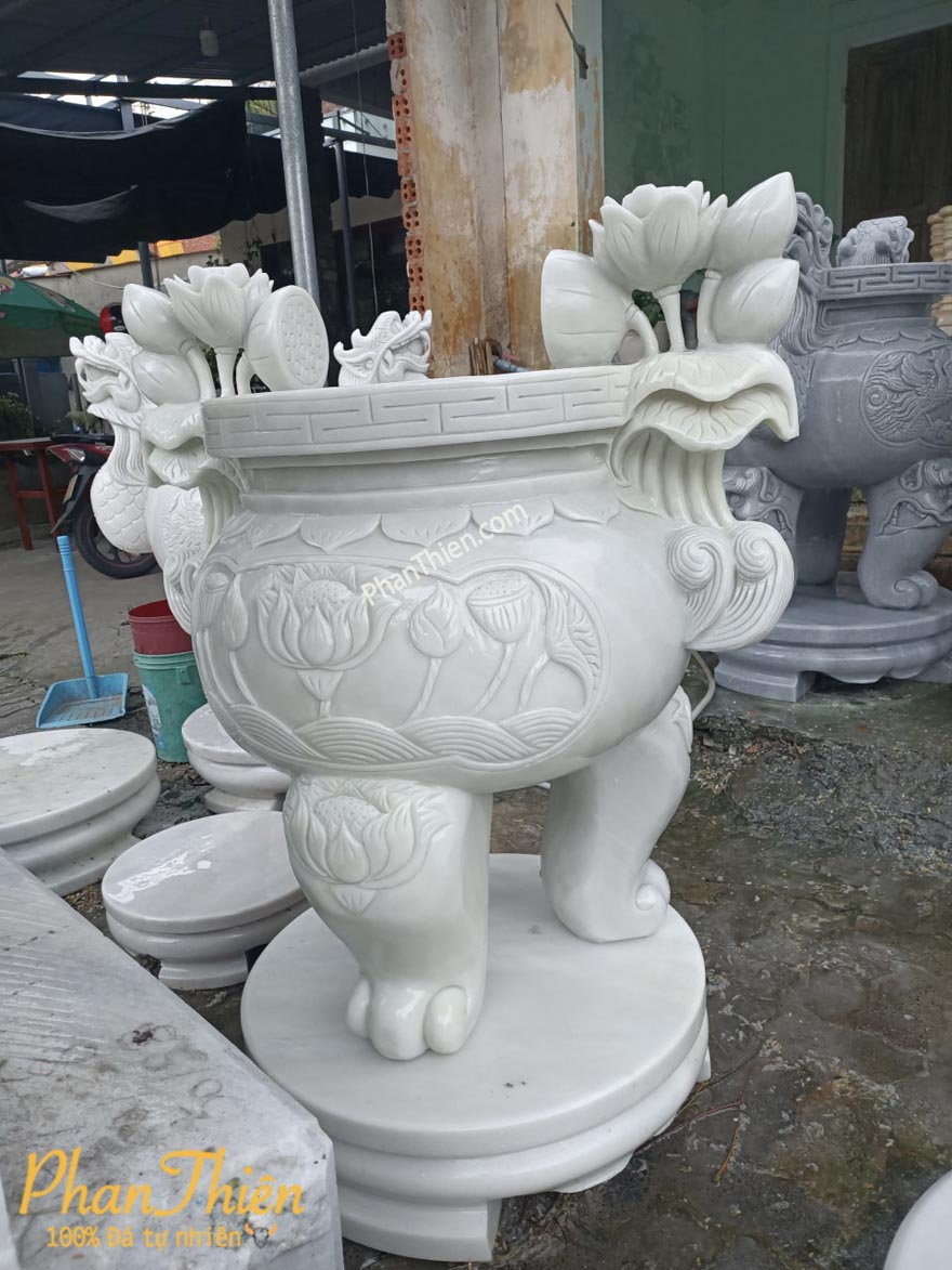 Lư Hương Chạm Sen bằng Đá Trắng Mịn (LH-19)