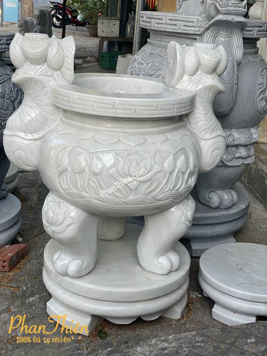 Lư Hương Chạm Sen Đá Trắng Mịn (LH-13)
