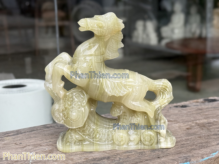 Tượng Ngựa đá Phong Thuỷ onyx xanh 20cm - NGUA-12