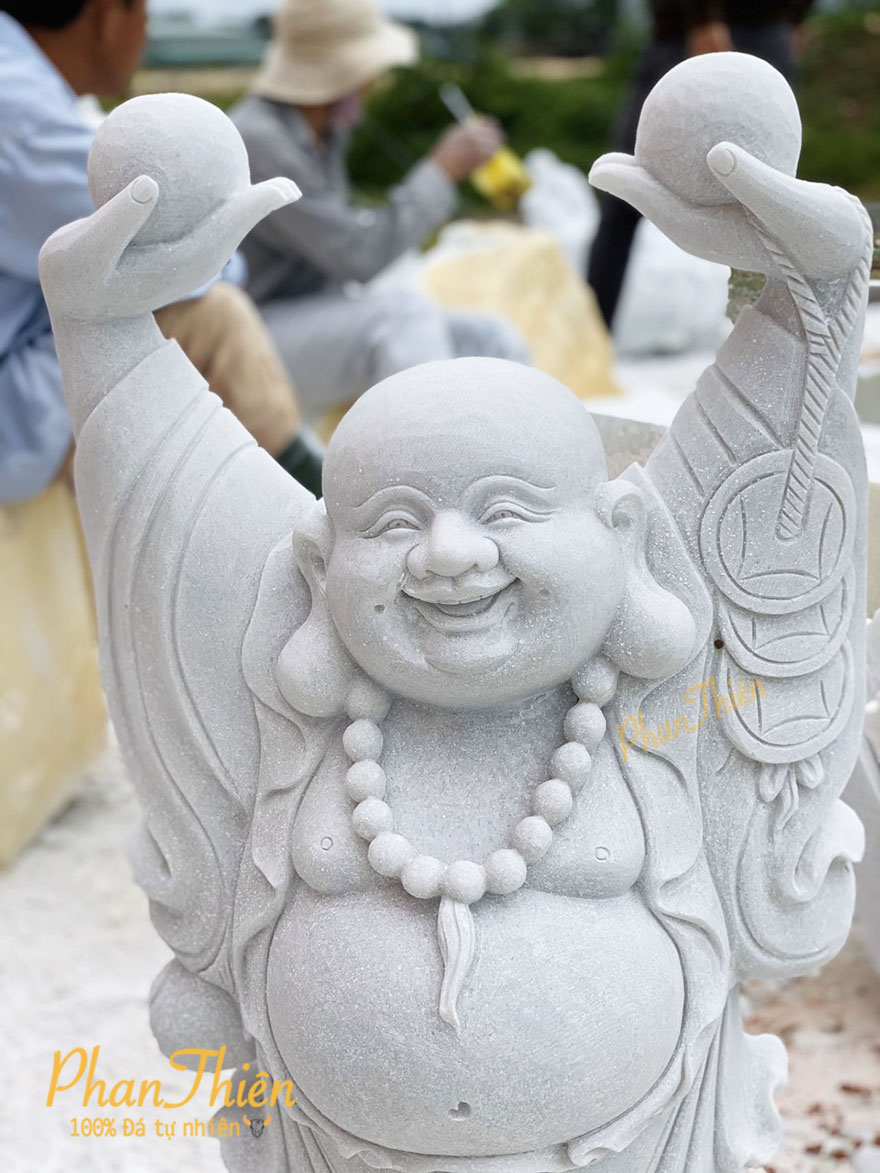 Phật Di Lặc Giơ Tay bằng Đá Trắng Tự Nhiên (DL-15)
