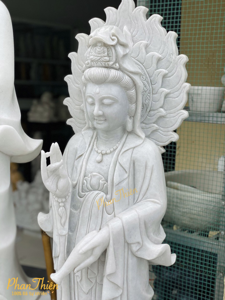 Tượng Phật Quan Âm có Hào Quang Đá Cẩm Thạch Trắng (QA-13)