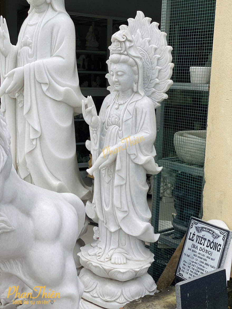 Tượng Phật Quan Âm có Hào Quang Đá Cẩm Thạch Trắng (QA-13)