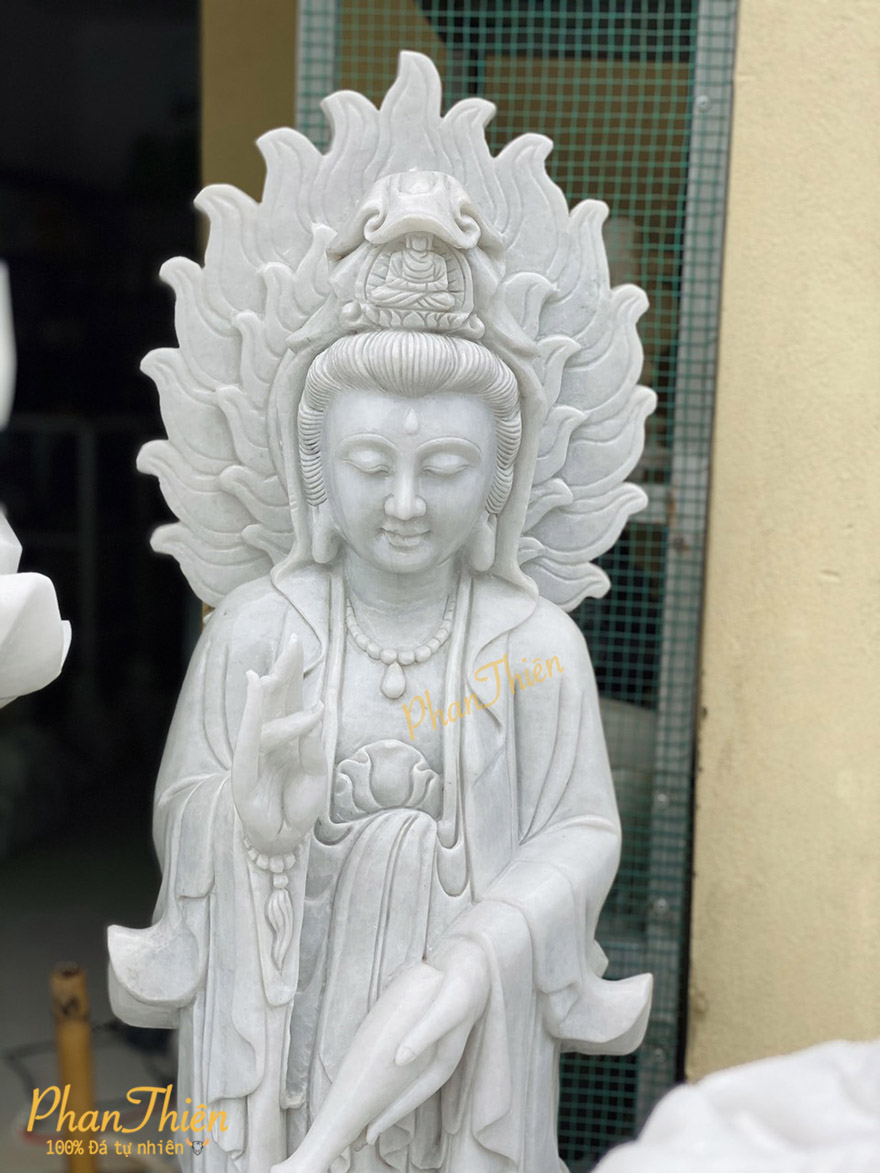 Tượng Phật Quan Âm có Hào Quang Đá Cẩm Thạch Trắng (QA-13)
