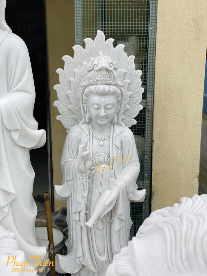 Tượng Phật Quan Âm có Hào Quang Đá Cẩm Thạch Trắng (QA-13)