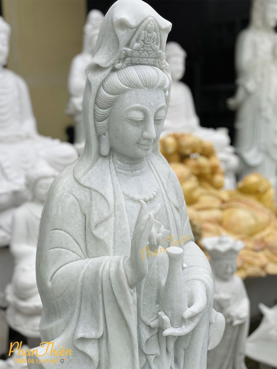 Tượng Phật Quan Âm Đá Cẩm Thạch Trắng Xanh (QA-10)