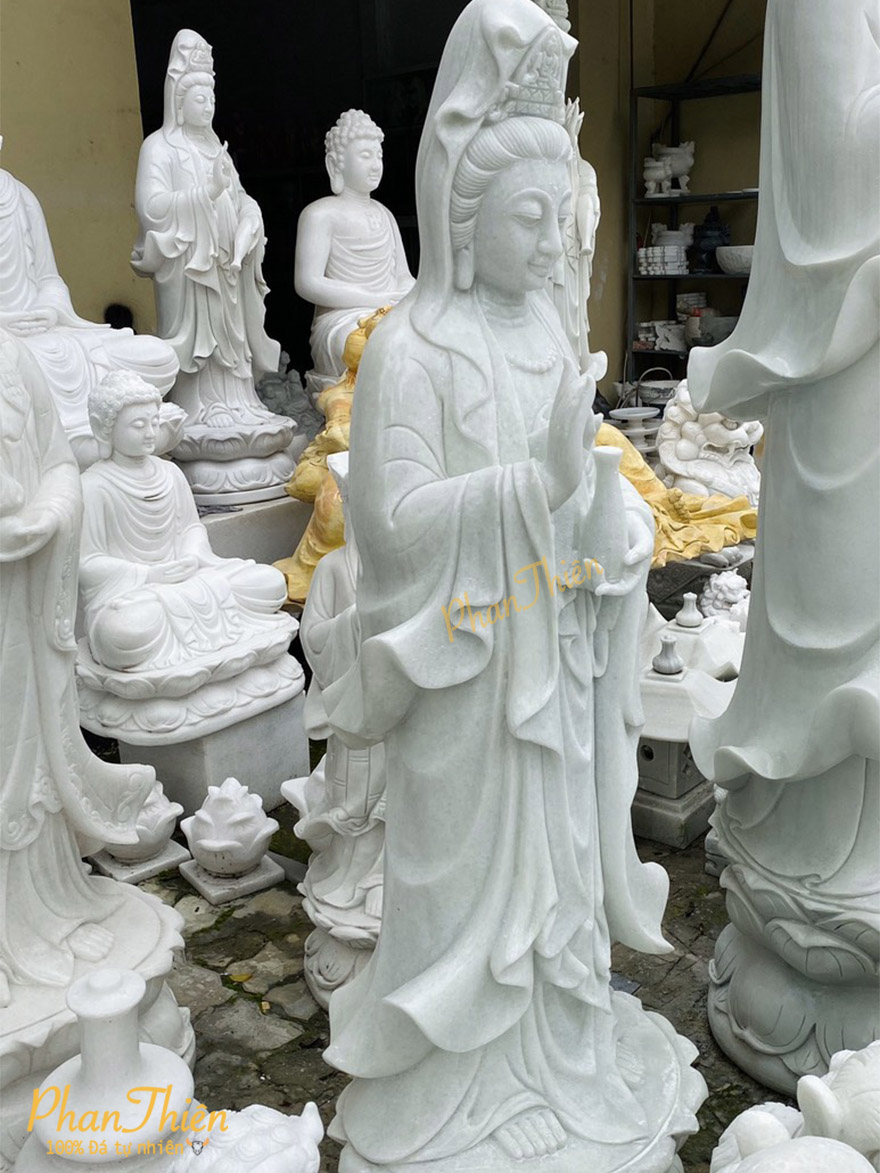 Tượng Phật Quan Âm Đá Cẩm Thạch Trắng Xanh (QA-10)