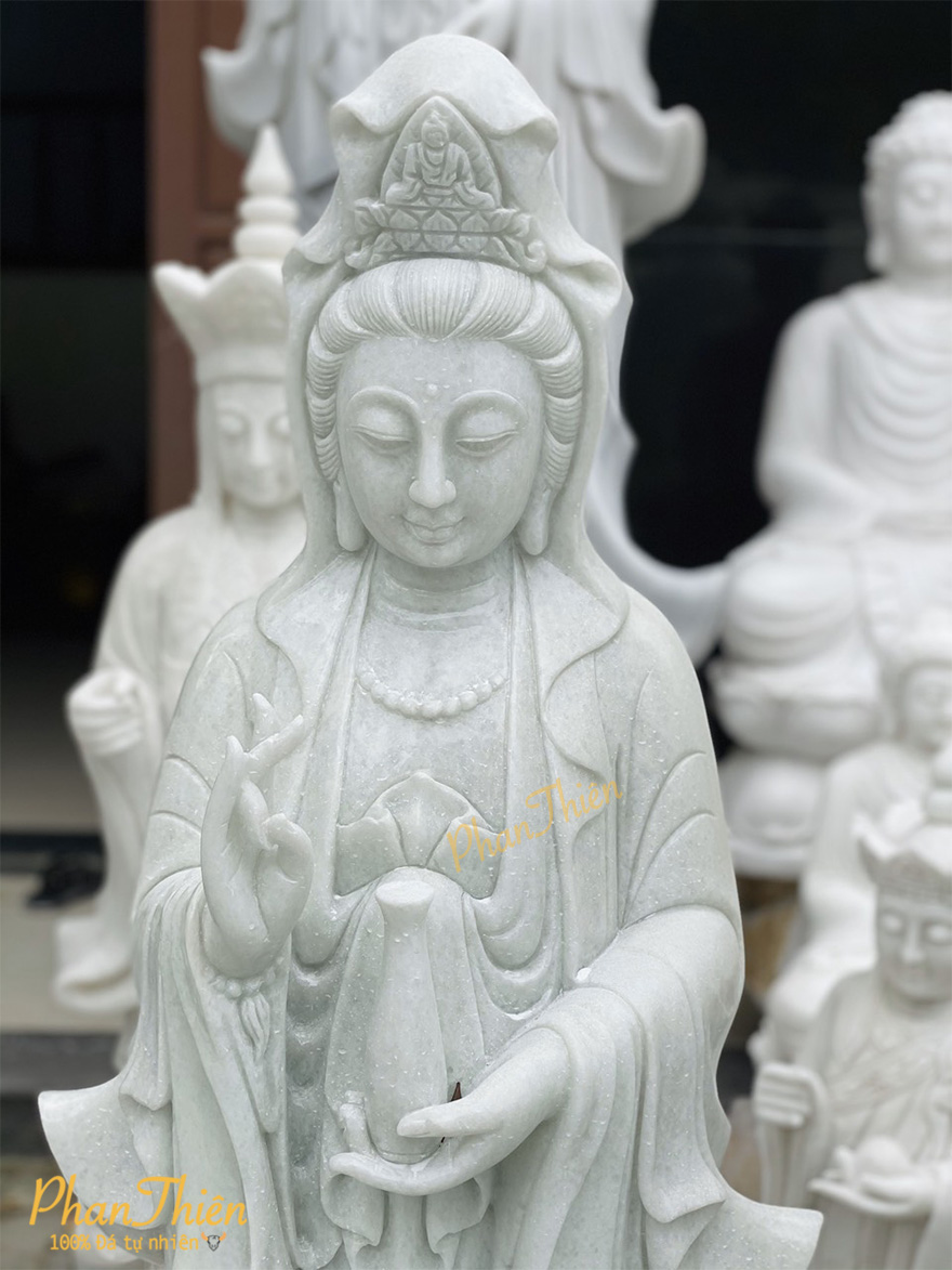 Tượng Phật Quan Âm Đá Cẩm Thạch Trắng Xanh (QA-10)