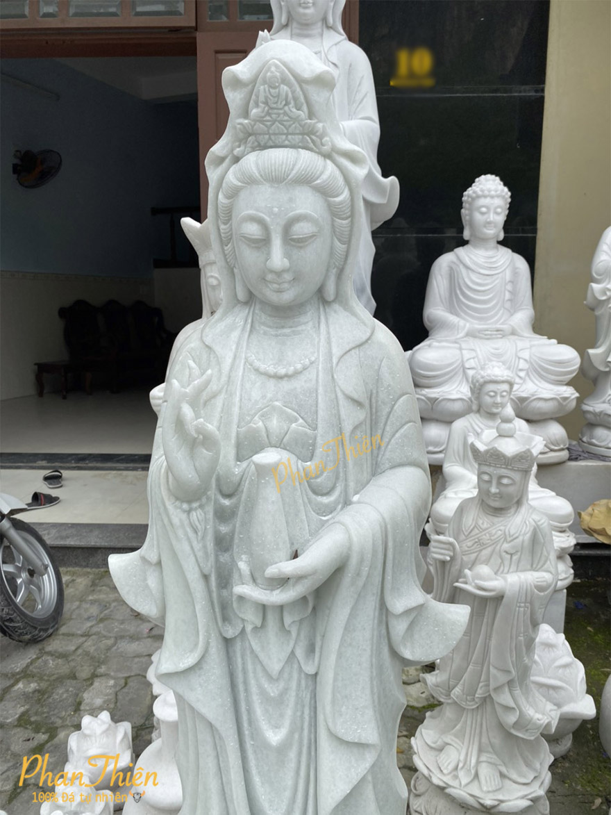Tượng Phật Quan Âm Đá Cẩm Thạch Trắng Xanh (QA-10)