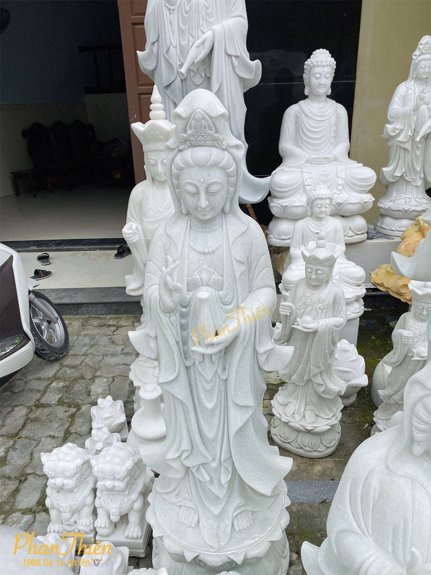 Tượng Phật Quan Âm Đá Cẩm Thạch Trắng Xanh (QA-10)