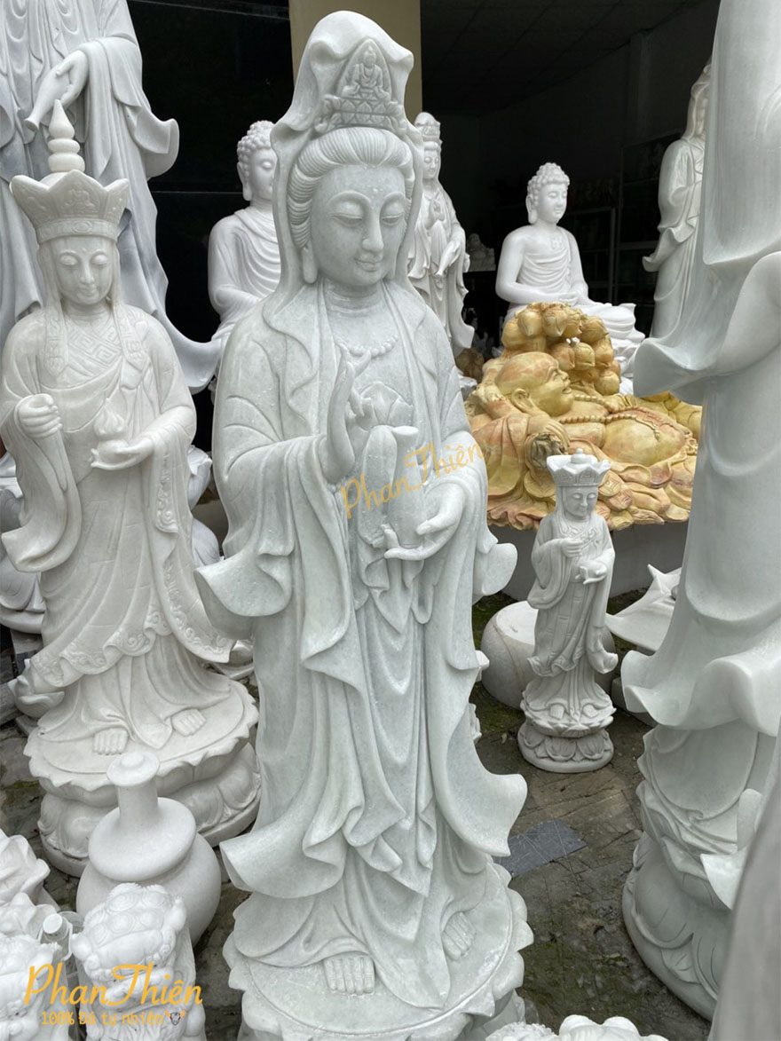 Tượng Phật Quan Âm Đá Cẩm Thạch Trắng Xanh (QA-10)