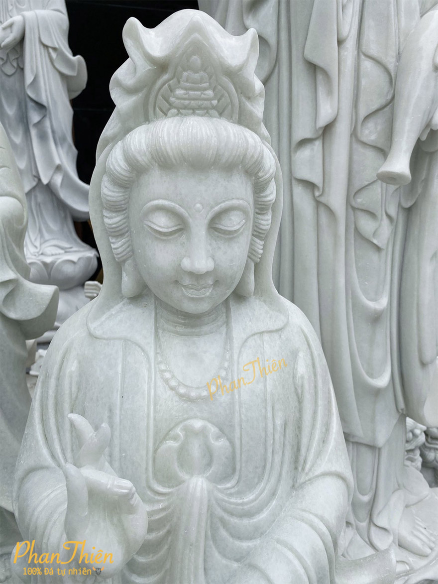 Tượng Phật Quan Âm Đá Cẩm Thạch Trắng Xanh (QA-12)