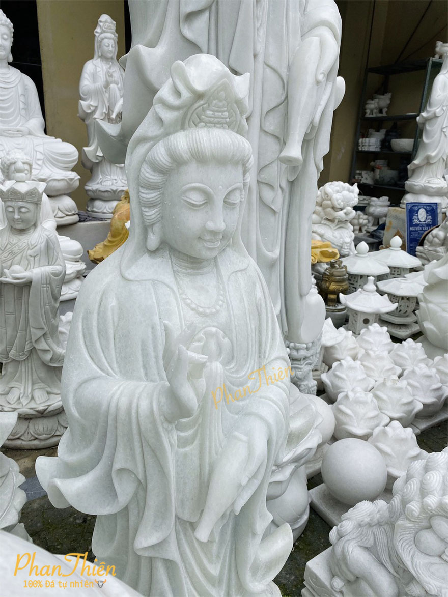Tượng Phật Quan Âm Đá Cẩm Thạch Trắng Xanh (QA-12)