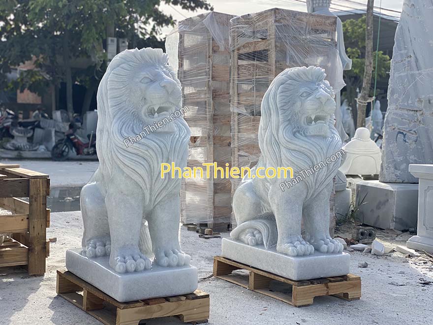 Tượng Sư Tử bằng đá Cẩm thạch trắng trong xanh nhẹ (ST-37)