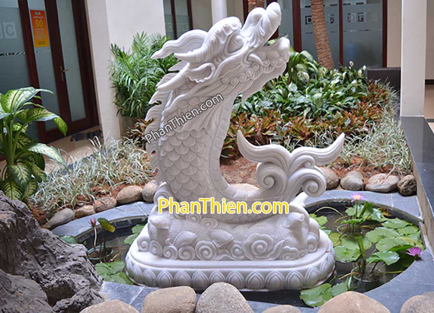 Tượng Cá Chép Hoá Rồng bằng đá trắng mịn đẹp
