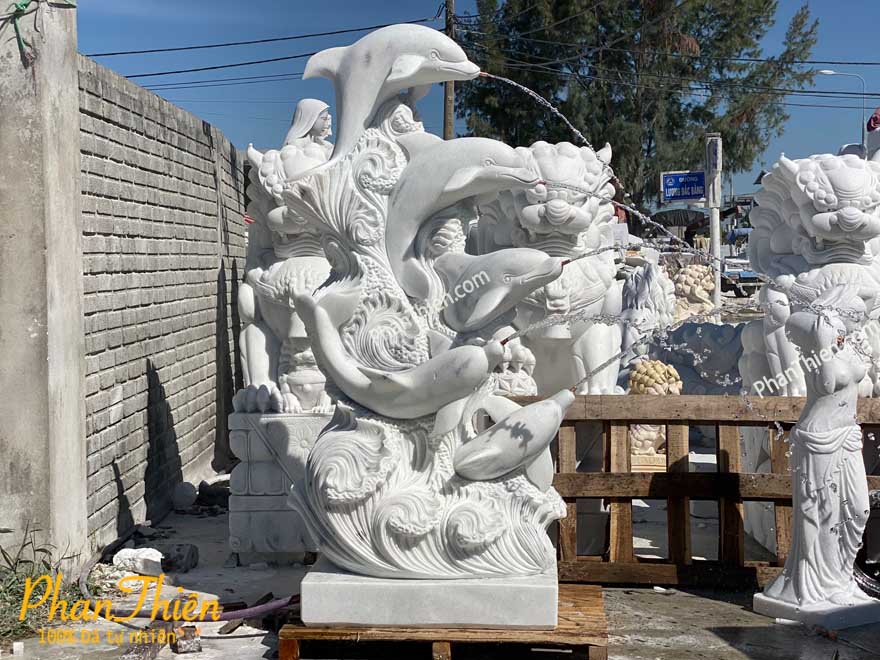 Tượng Cá Heo bằng Đá Cẩm Thạch Trắng (CAHEO-06)