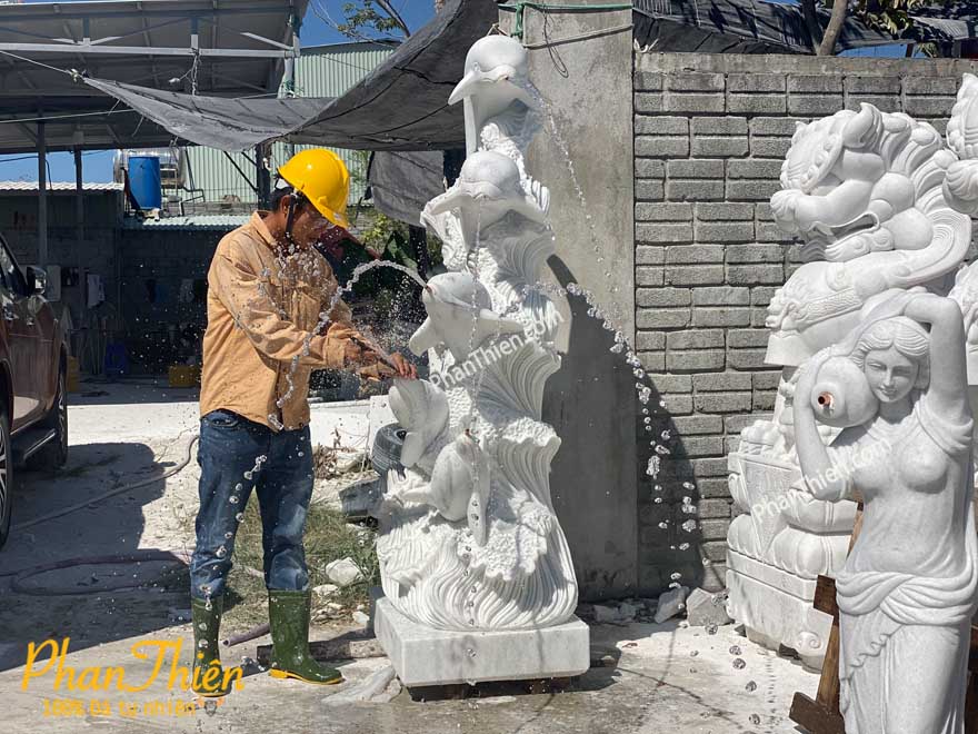 Tượng Cá Heo bằng Đá Cẩm Thạch Trắng (CAHEO-06)