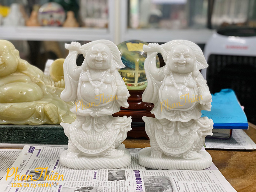 Tượng Di Lặc đứng Long Quy Đá Cẩm Thạch Trắng (DL-35)