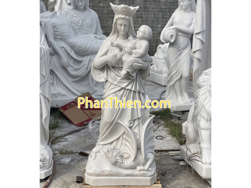 Tượng Đức Mẹ Hằng Cứu Giúp bằng đá trắng mịn đẹp (DM-96)