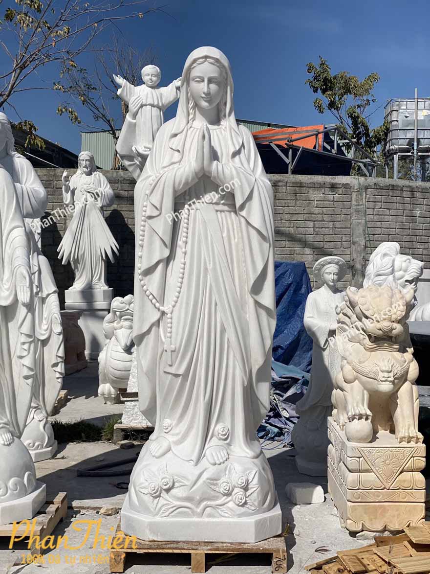 Tượng Đức Mẹ Mân Côi ( Chắp Tay) Đá Trắng Mịn (DM-70)