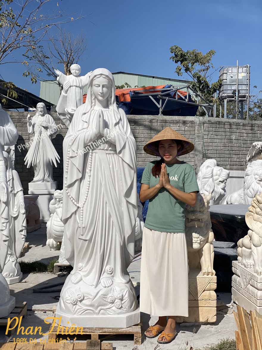 Tượng Đức Mẹ Mân Côi ( Chắp Tay) Đá Trắng Mịn (DM-70)