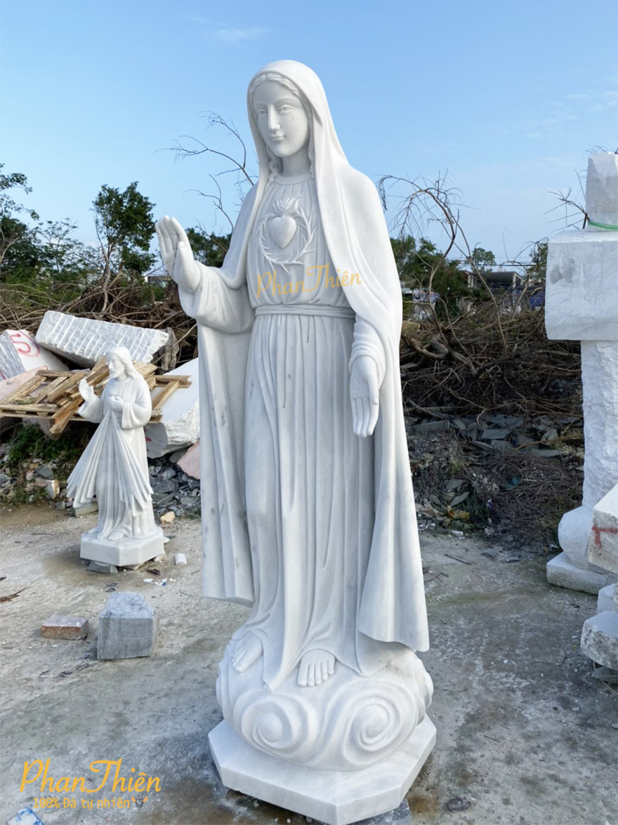 Tượng Đức Mẹ Trái Tim Đá Cẩm Thạch Trắng (DM-45)