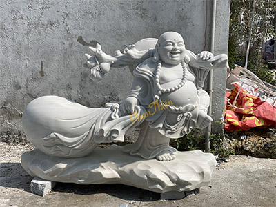Tượng Phật Di Lặc kéo Bao Tiền Đá Cẩm Thạch Trắng (DL-30)
