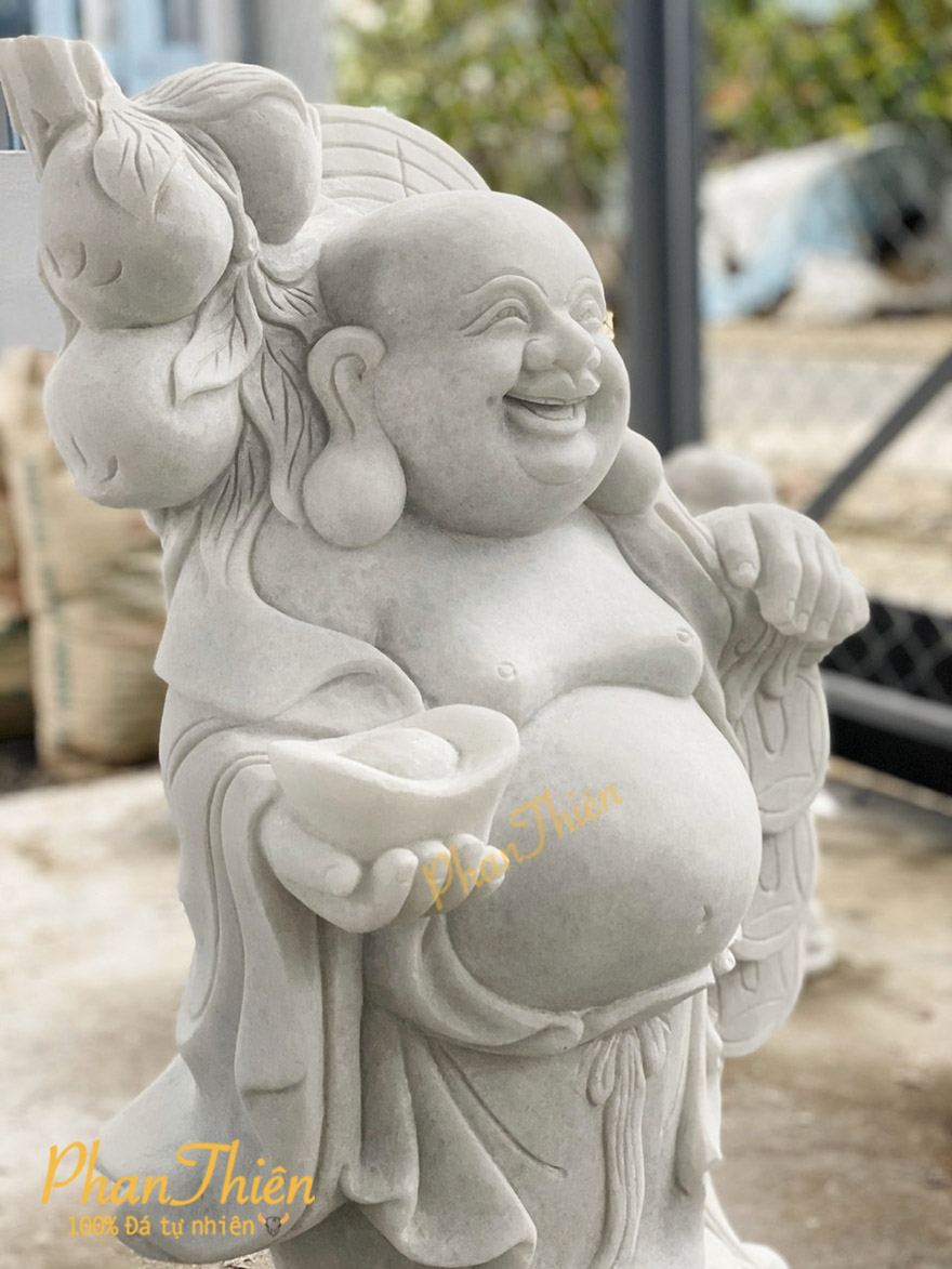 Tượng Phật Di Lặc Vác Cành Đào Đá Cẩm Thạch Trắng (DL-19)