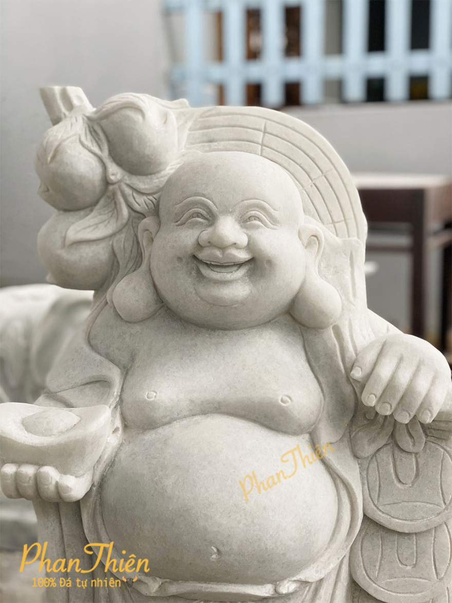 Tượng Phật Di Lặc Vác Cành Đào Đá Cẩm Thạch Trắng (DL-19)
