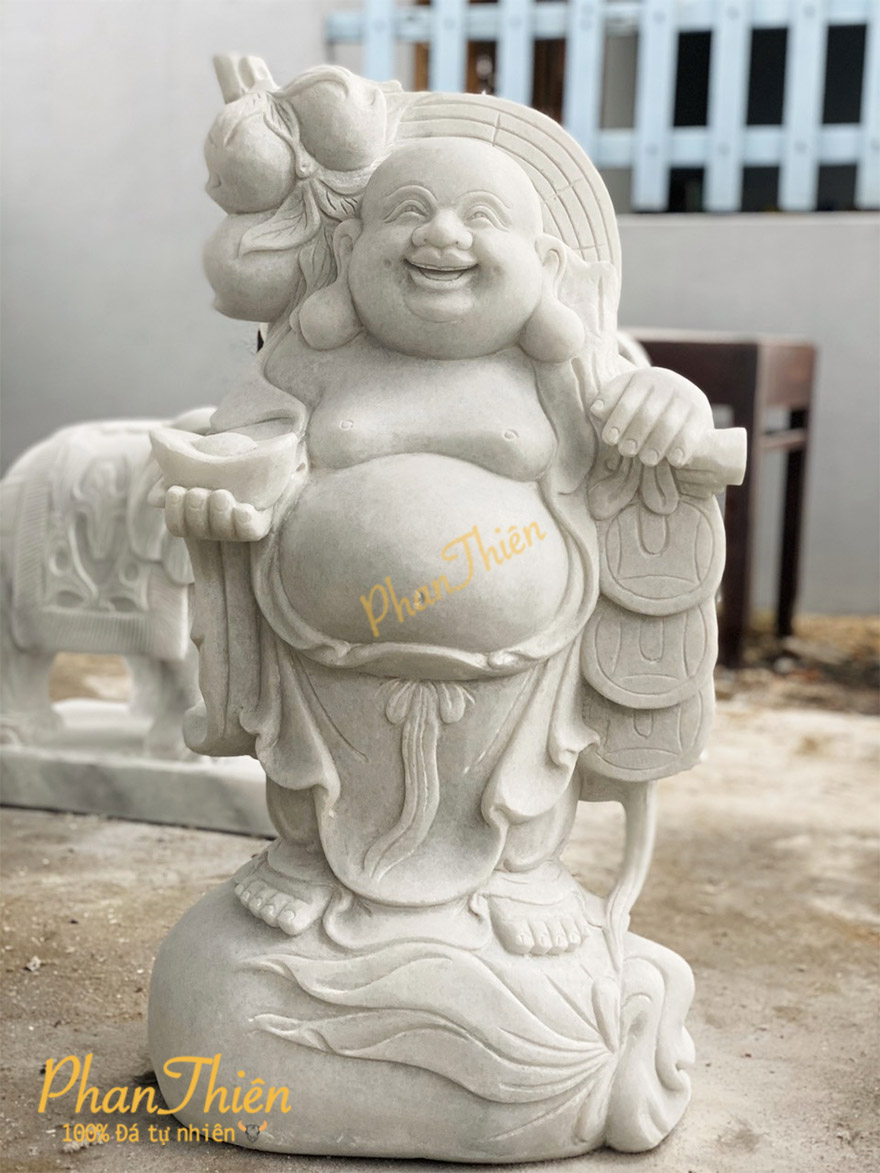 Tượng Phật Di Lặc Vác Cành Đào Đá Cẩm Thạch Trắng (DL-19)