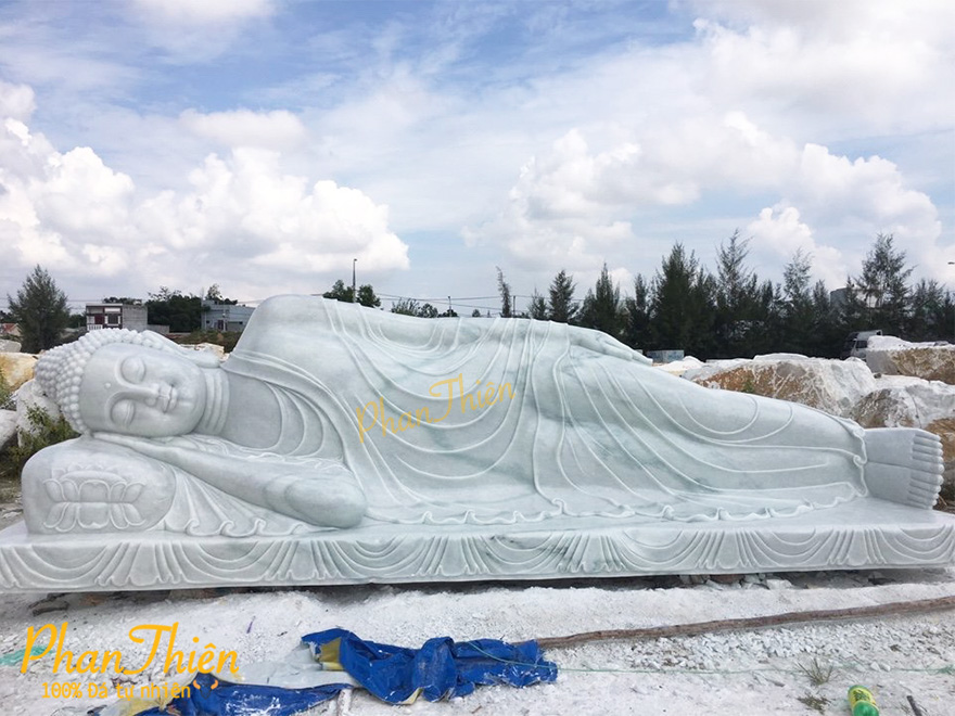 Tượng Phật Nằm Niết Bàn Đá Cẩm Thạch Trắng Xanh (TC-13)