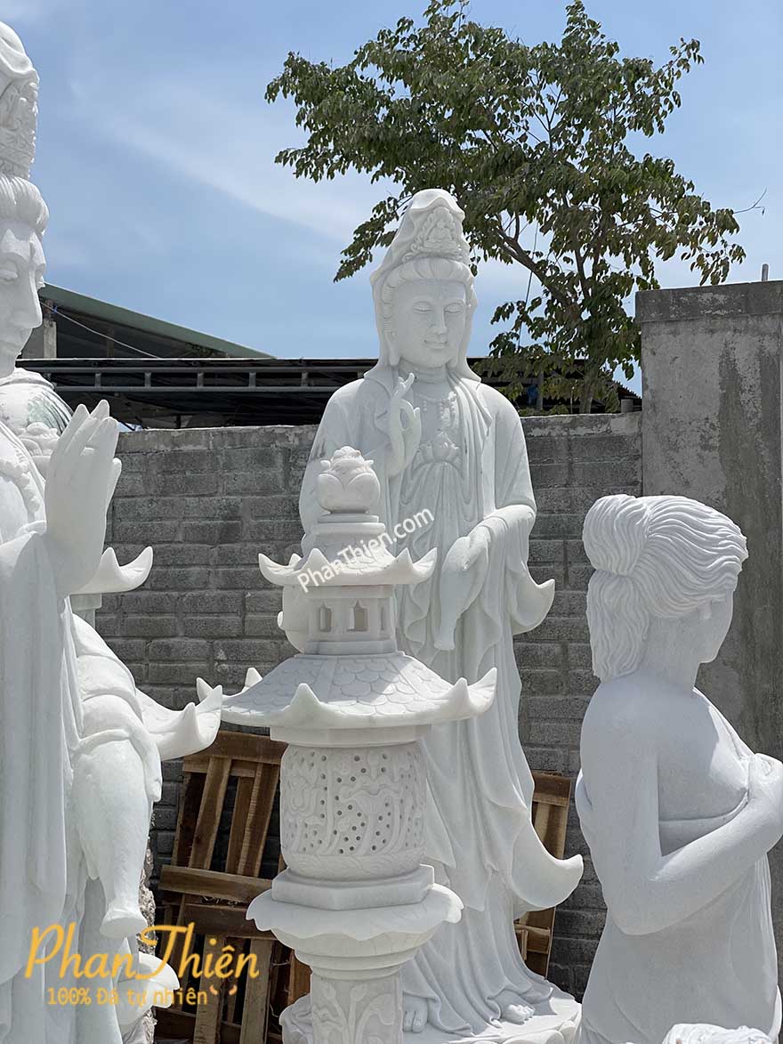 Tượng Phật Quan Âm đứng Đài Sen Đá Trắng (QA-34)
