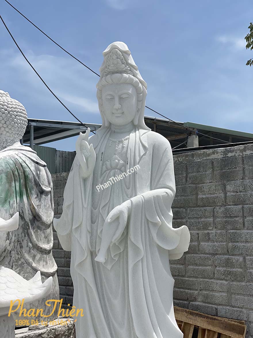 Tượng Phật Quan Âm đứng Đài Sen Đá Trắng (QA-34)