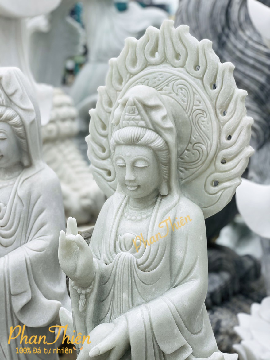 Tượng Phật Quan Âm có Hào Quang Đá Cẩm Thạch Xanh Nhạt (QA-09)