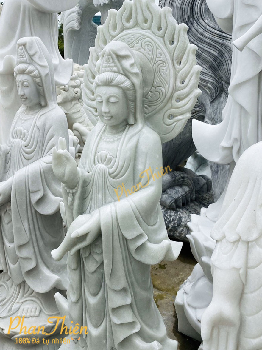 Tượng Phật Quan Âm có Hào Quang Đá Cẩm Thạch Xanh Nhạt (QA-09)