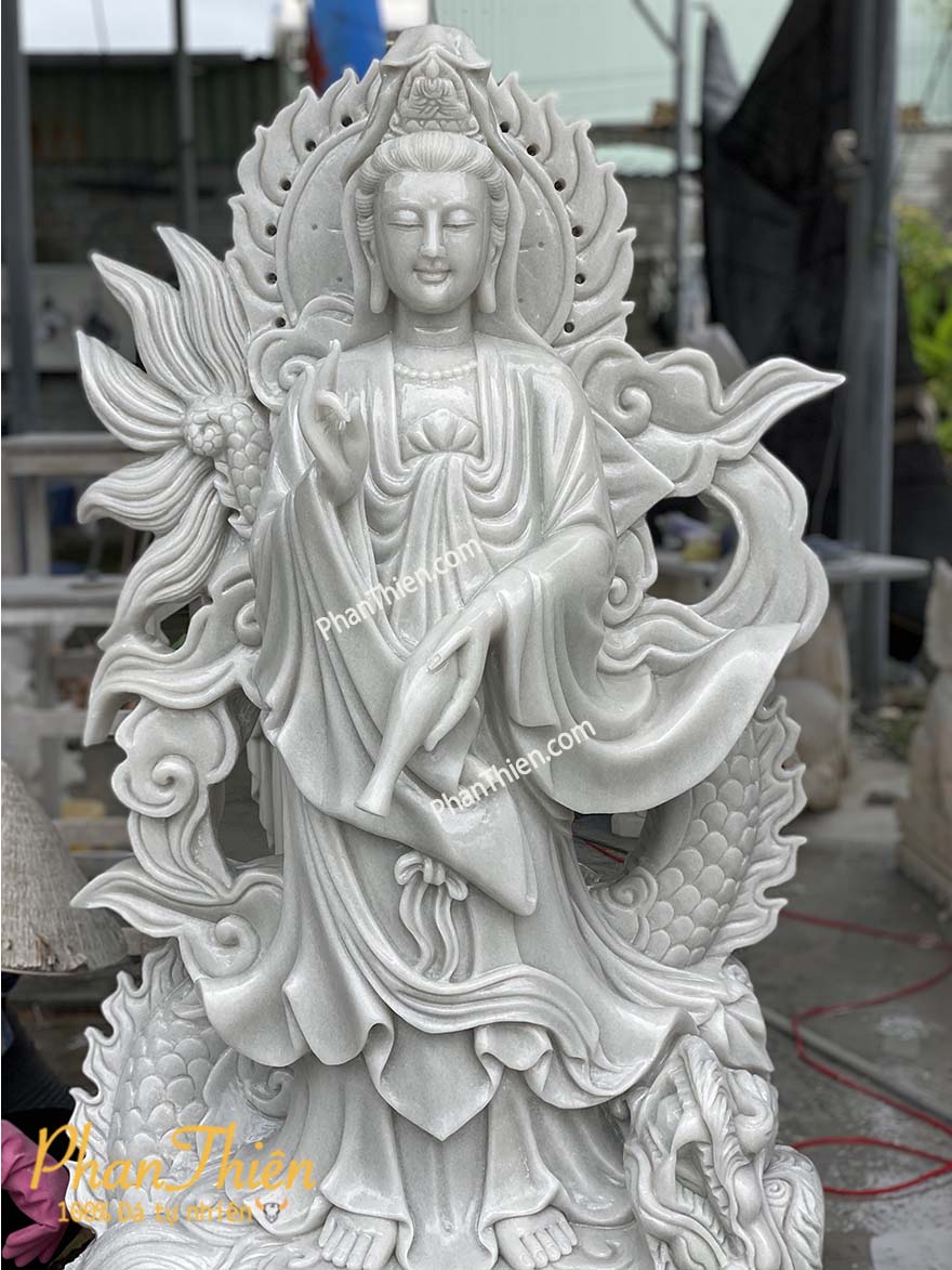 Tượng Phật Quan Âm Cưỡi Rồng Đá Trắng Non Nước (QA-37)