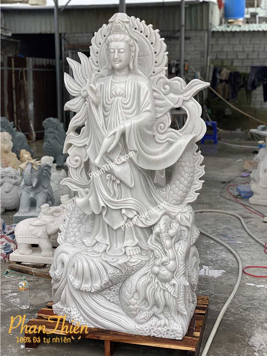 Tượng Phật Quan Âm Cưỡi Rồng Đá Trắng Non Nước (QA-37)