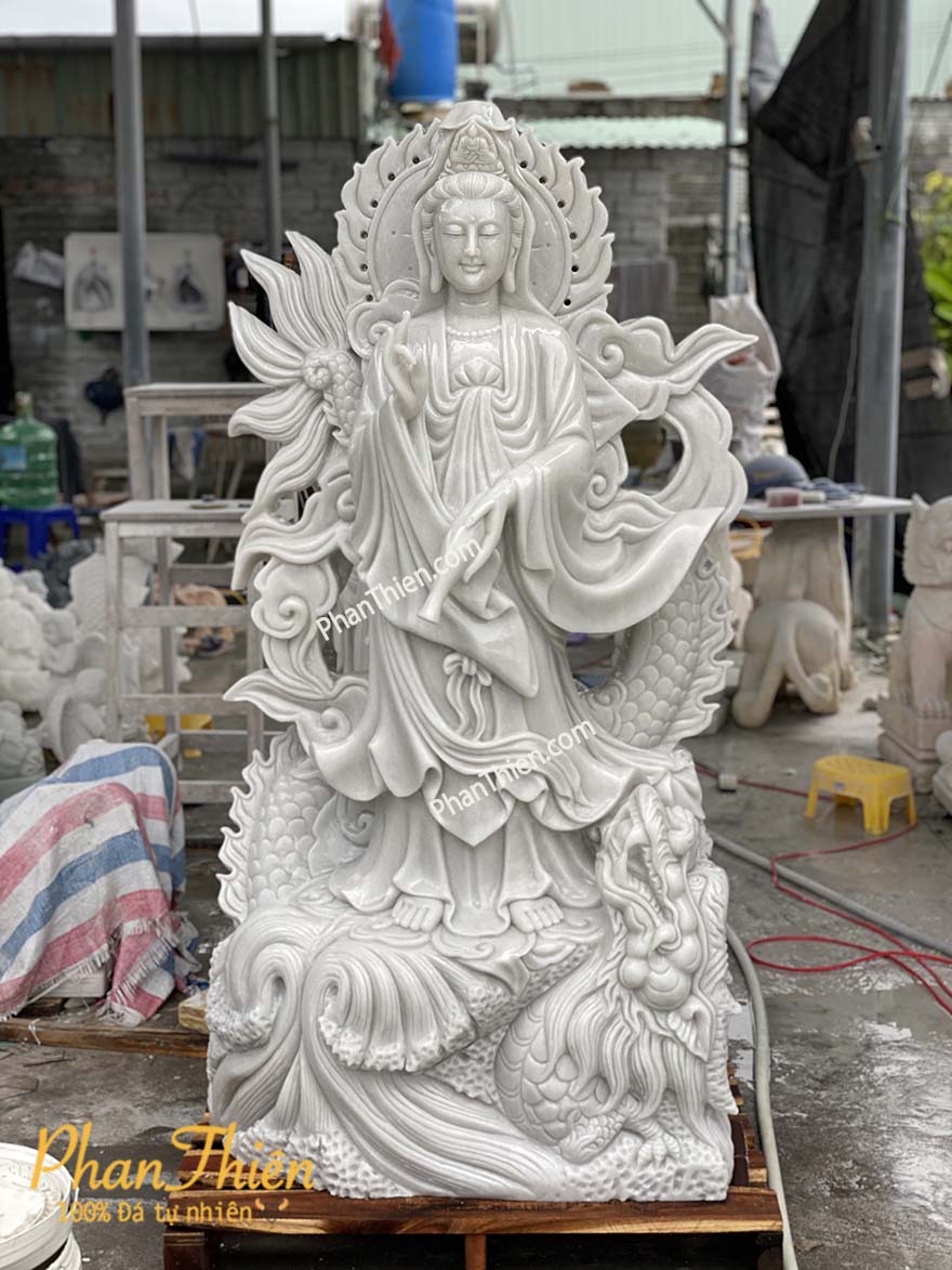 Tượng Phật Quan Âm Cưỡi Rồng Đá Trắng Non Nước (QA-37)