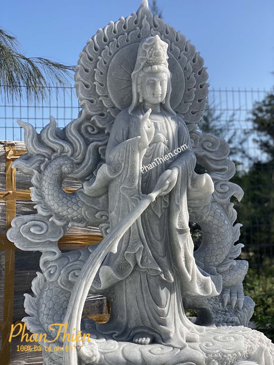 Tượng Phật Quan Âm Cưỡi Rồng Đá Trắng Xanh (QA-39)