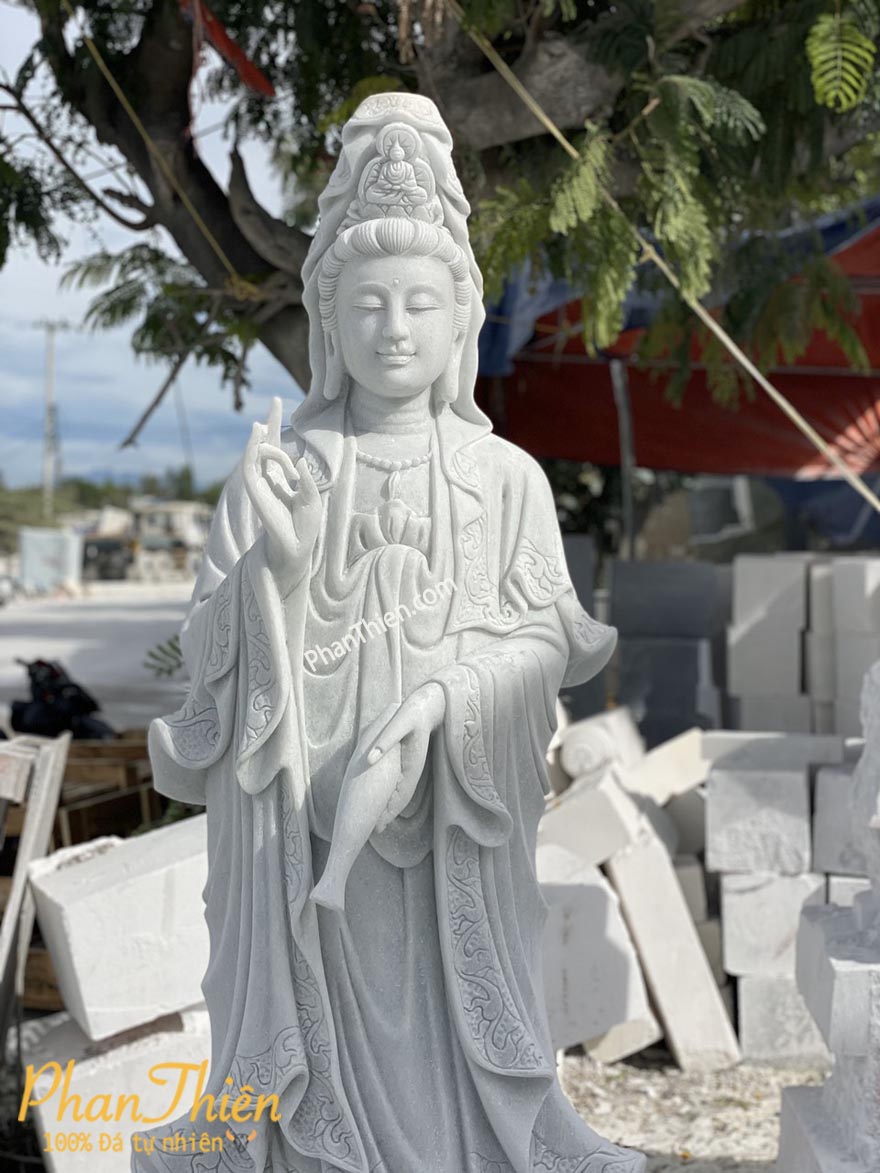 Tượng Phật Quan Âm Đứng Đài Sen Đá Trắng Xanh (QA-52)
