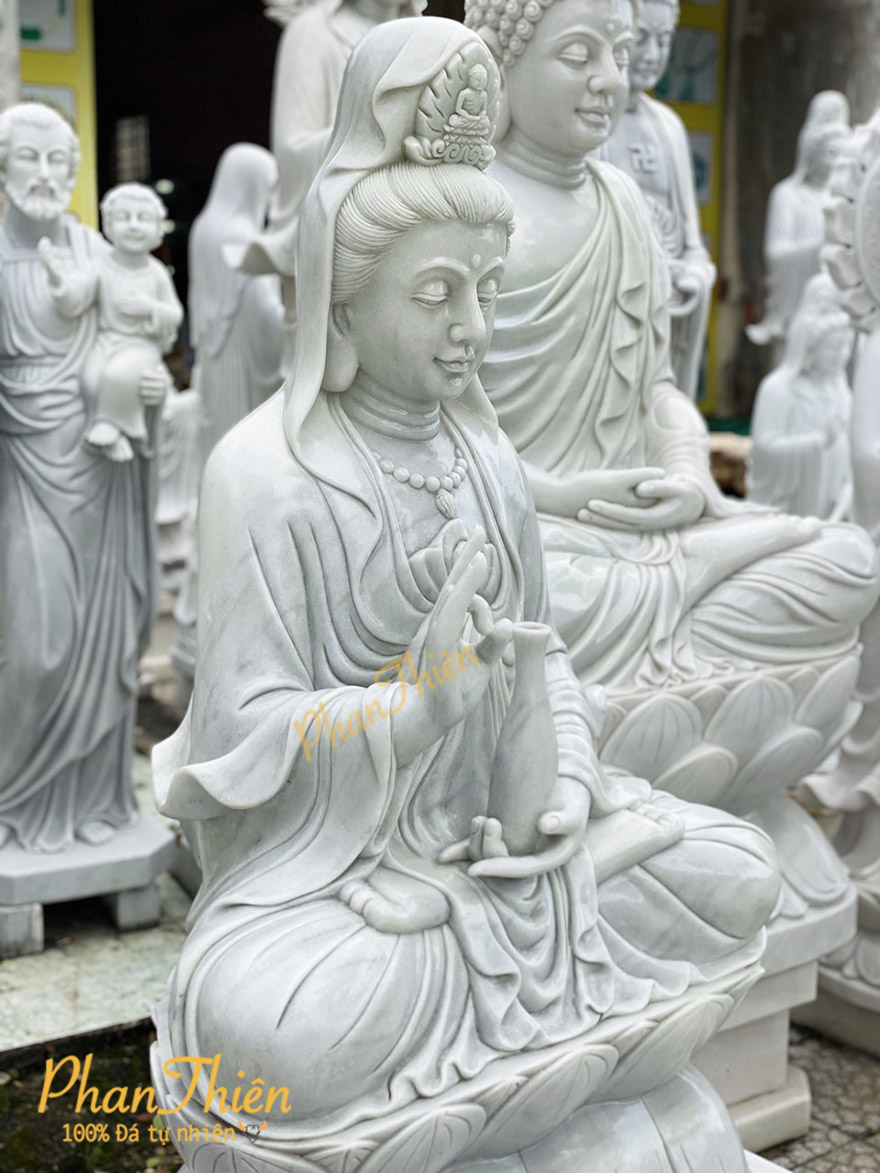Tượng Phật Quan Âm ngồi Đài Sen Đá Cẩm Thạch Xanh Nhạt (QA-04)