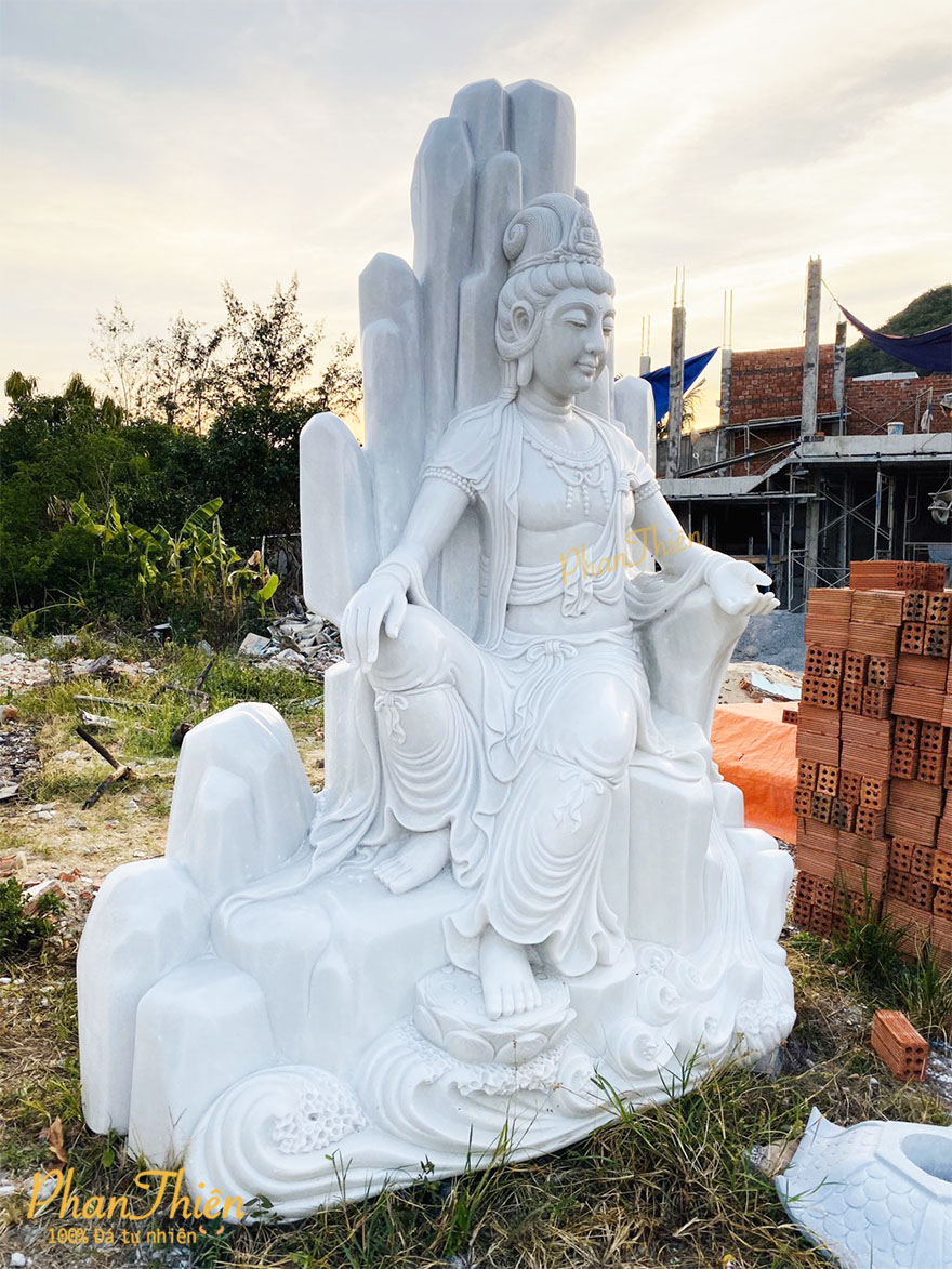 Tượng Phật Quan Âm Ngồi Tự Tại Đá Cẩm Thạch Trắng (QA-23)